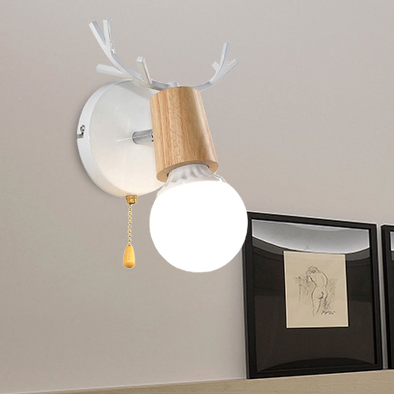 Sikunuo | 1 Light Bare Bulb Wall Lamp Modern Style Black/White Finish Metal and Wood Wall Lighting with Deer Side