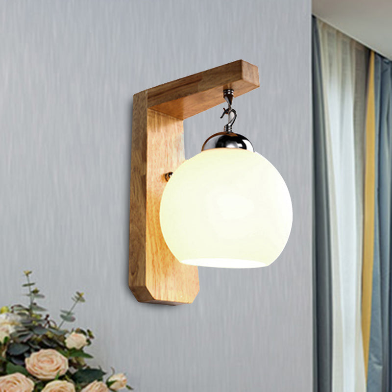 Sikunuo | Modern Globe Pendant Light Opal Glass 1-Bulb White Wall Lamp with Wooden Base for the Bedroom