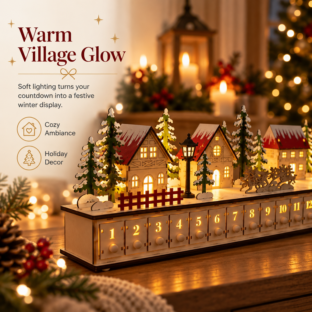 🎄 Wooden Christmas Village Advent Calendar – Magical LED Holiday Countdown 🎁✨