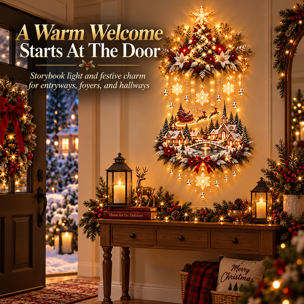 🎄 Lighted Christmas Tree & Village Wall Decor – Warm Cascading Glow