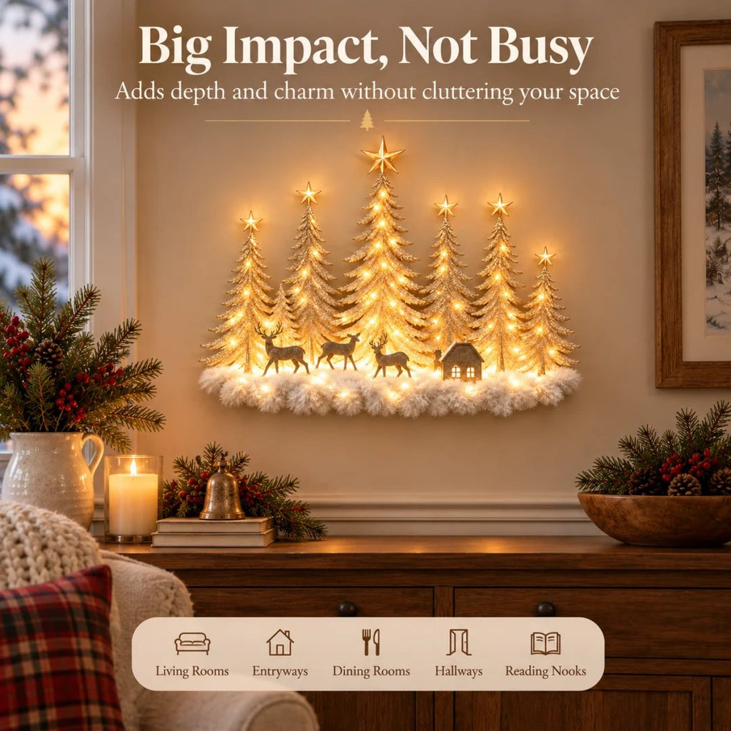 🌲✨ Lighted Woodland Forest Wall Decor – Glowing Winter Cabin Scene