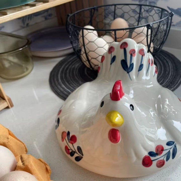 Sikunuo | Ceramic Egg Holder Chicken with Wire Basket