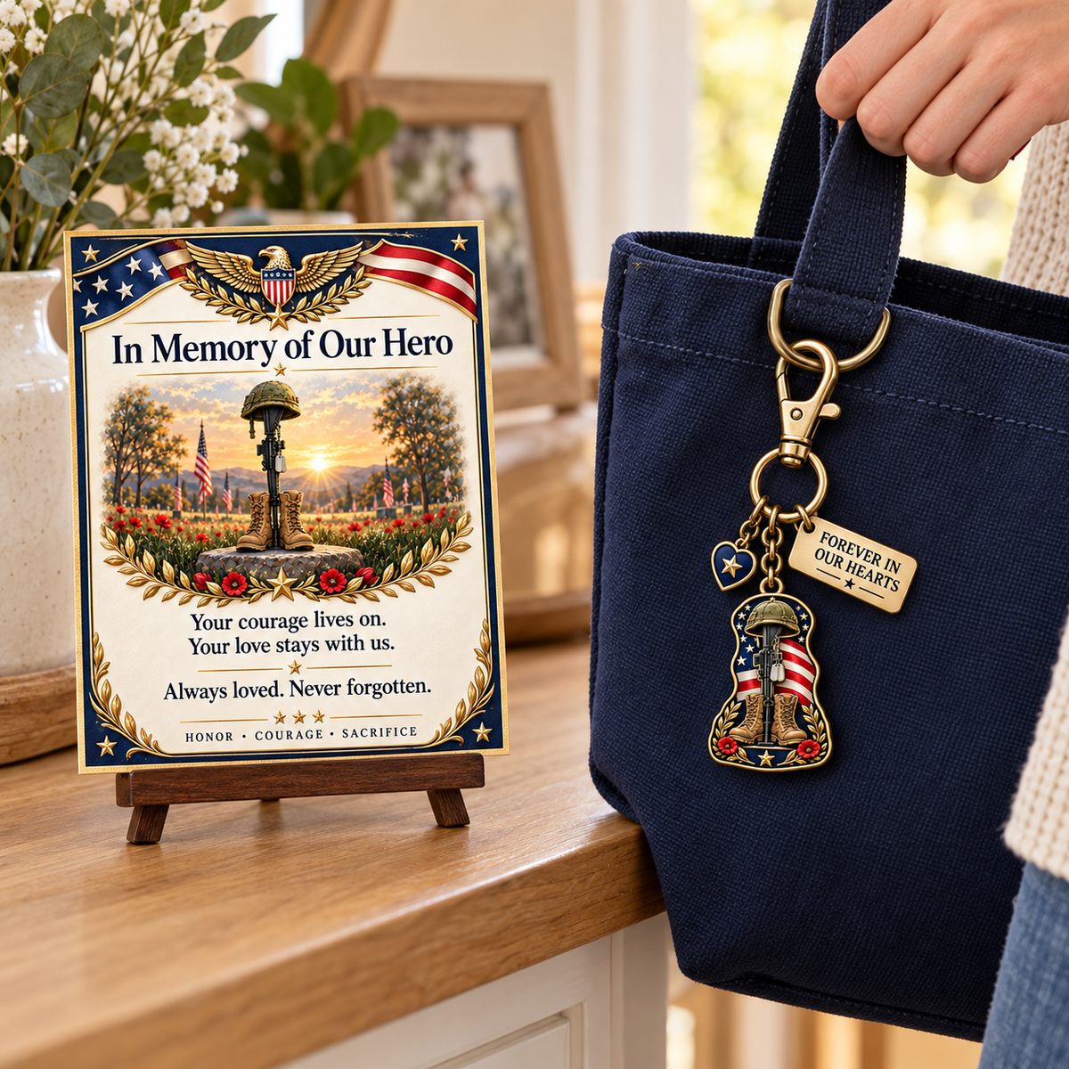 "In Memory of Our Hero" Memorial Keychain & Keepsake Card Set