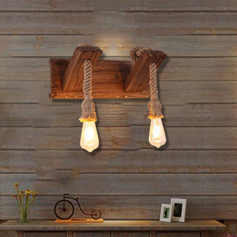 Sikunuo | Wood Exposed Bulb Wall Lighting Industrial Style Rope 1/2 Light Bedroom Wall Lamp