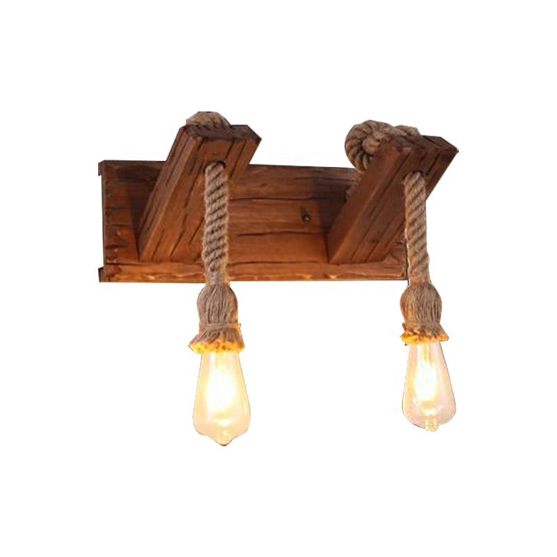 Sikunuo | Wood Exposed Bulb Wall Lighting Industrial Style Rope 1/2 Light Bedroom Wall Lamp