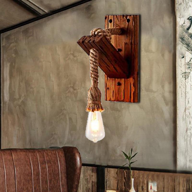 Sikunuo | Wood Exposed Bulb Wall Lighting Industrial Style Rope 1/2 Light Bedroom Wall Lamp