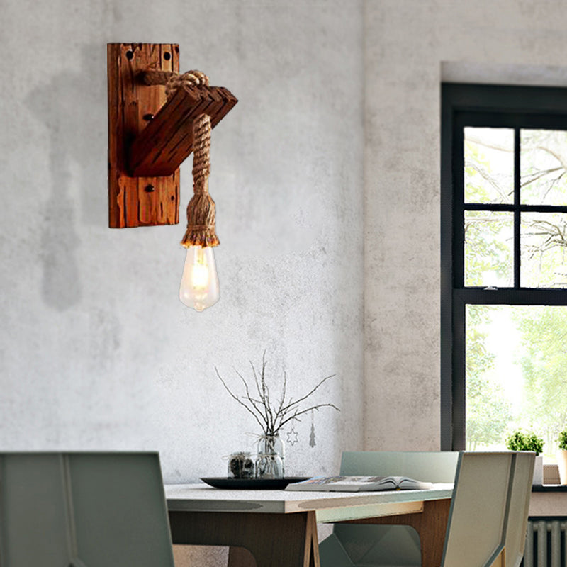 Sikunuo | Wood Exposed Bulb Wall Lighting Industrial Style Rope 1/2 Light Bedroom Wall Lamp