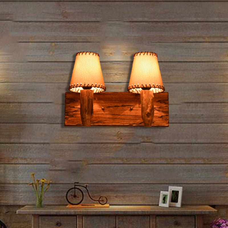 Sikunuo | 1/2-Light Tapered Wall Lamp Industrial Wooden Fabric Wall Lamp Fixture for Dining Room