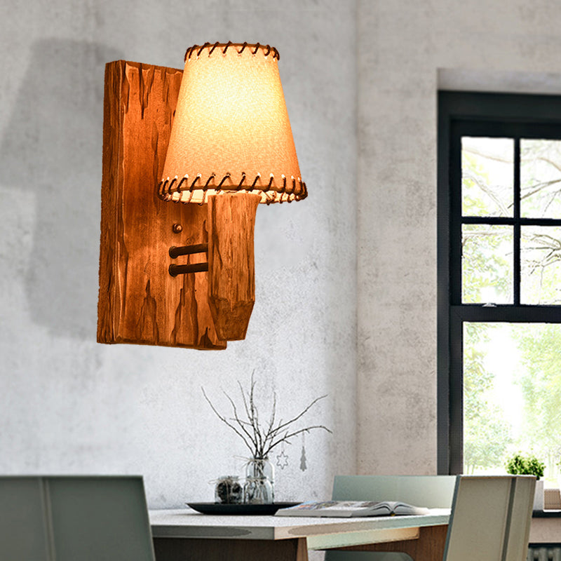 Sikunuo | 1/2-Light Tapered Wall Lamp Industrial Wooden Fabric Wall Lamp Fixture for Dining Room
