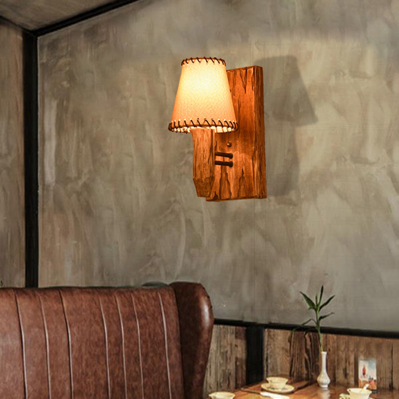 Sikunuo | 1/2-Light Tapered Wall Lamp Industrial Wooden Fabric Wall Lamp Fixture for Dining Room