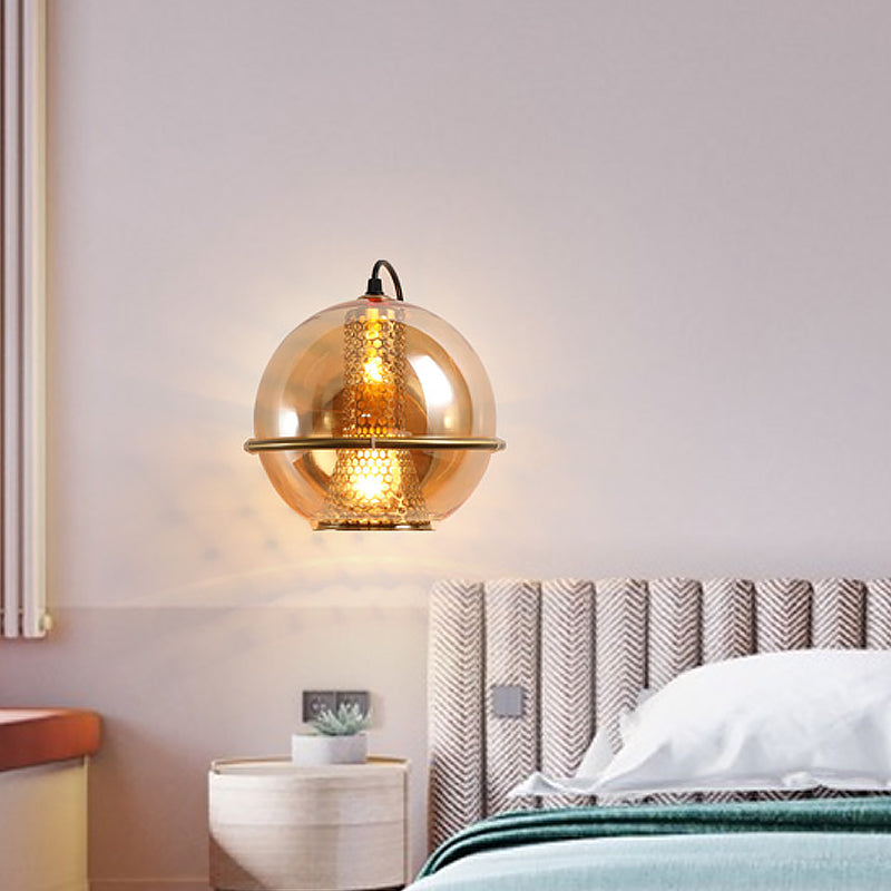Sikunuo | Brass Ball Wall Light Post Modern 1-Head Cognac Glass Wall Mounted Light Source for Nightstand