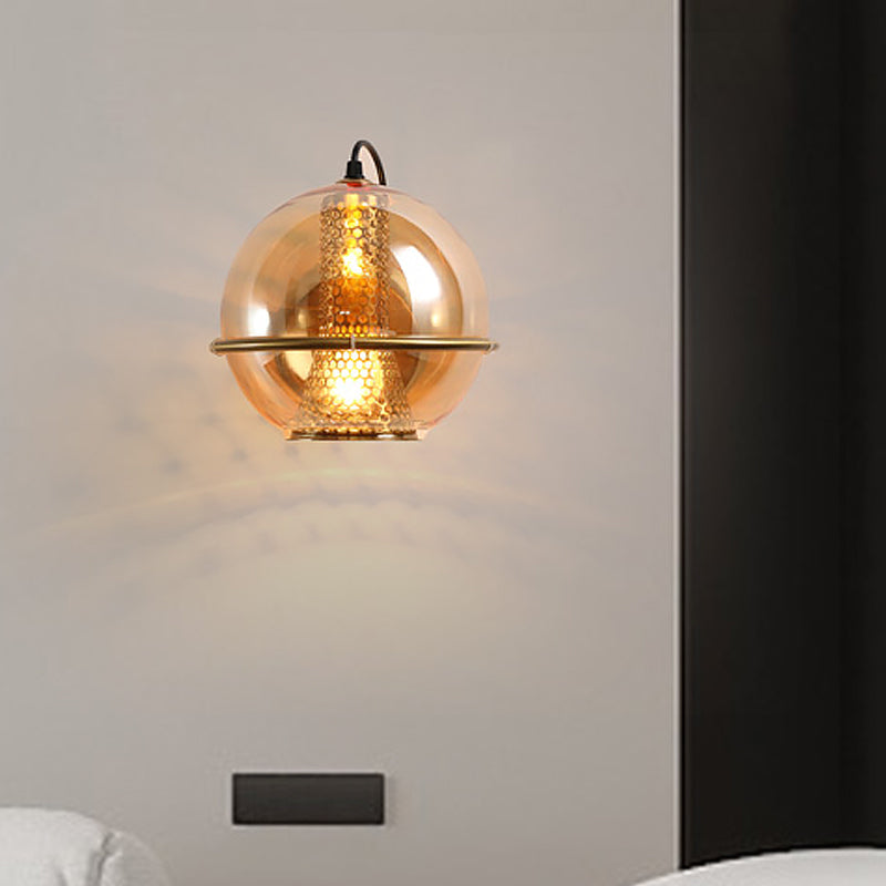 Sikunuo | Brass Ball Wall Light Post Modern 1-Head Cognac Glass Wall Mounted Light Source for Nightstand