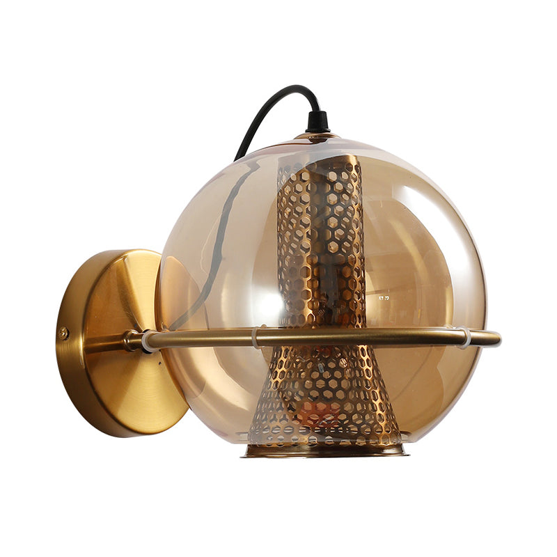 Sikunuo | Brass Ball Wall Light Post Modern 1-Head Cognac Glass Wall Mounted Light Source for Nightstand