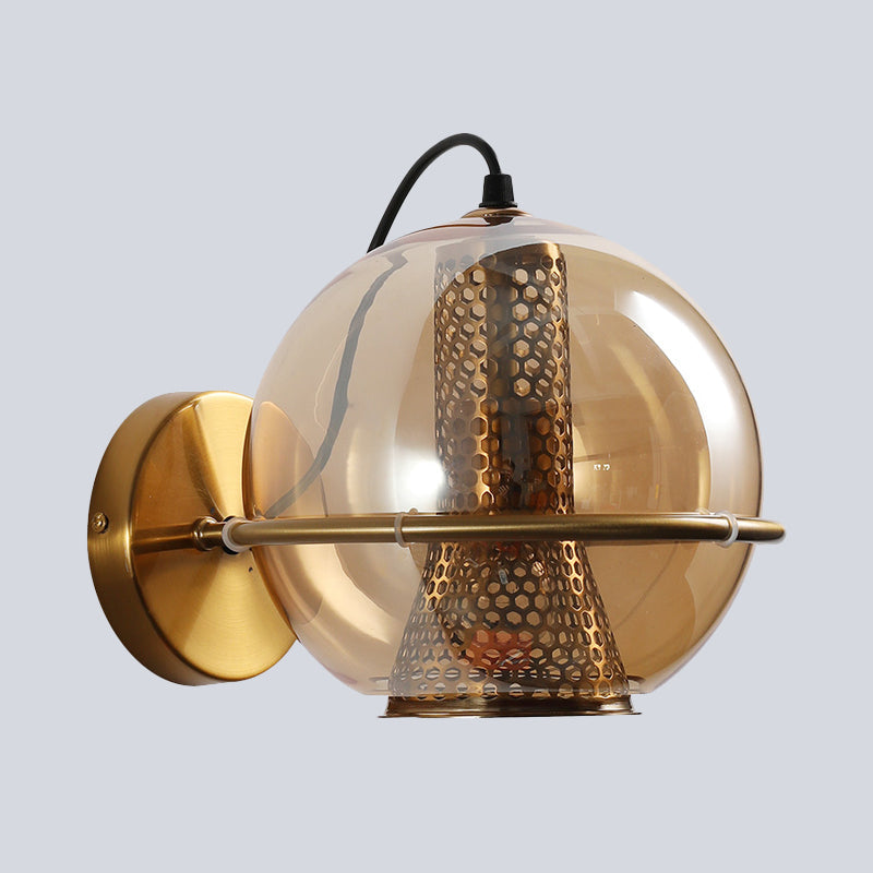 Sikunuo | Brass Ball Wall Light Post Modern 1-Head Cognac Glass Wall Mounted Light Source for Nightstand