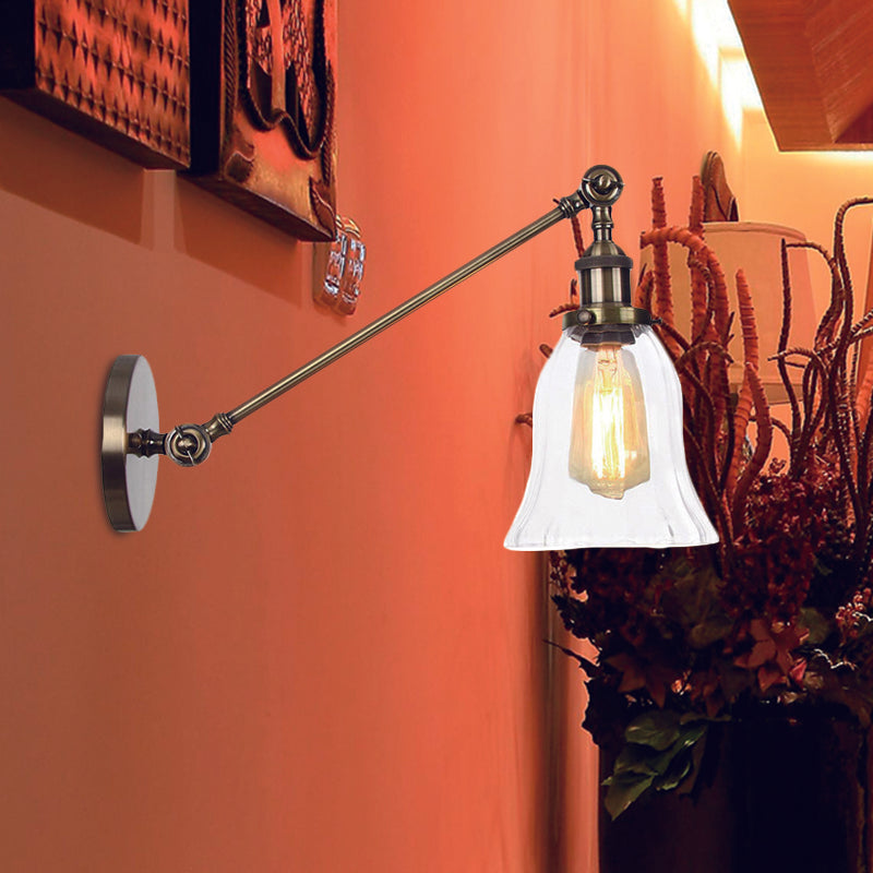 Sikunuo | Black/Bronze/Brass 1 Light Wall Lighting Unit Vintage Clear Glass Bell Wall Lamp with Arm, 8"/12" Long