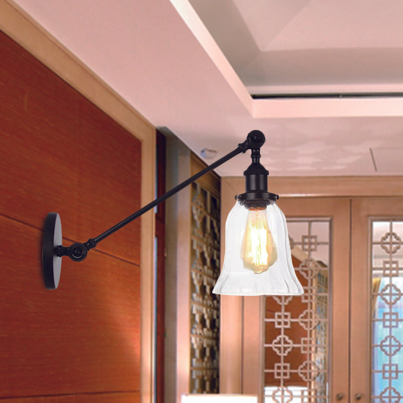 Sikunuo | Black/Bronze/Brass 1 Light Wall Lighting Unit Vintage Clear Glass Bell Wall Lamp with Arm, 8"/12" Long