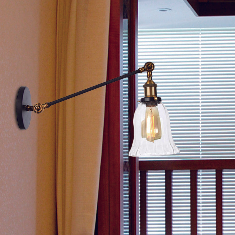 Sikunuo | Black/Bronze/Brass 1 Light Wall Lighting Unit Vintage Clear Glass Bell Wall Lamp with Arm, 8"/12" Long
