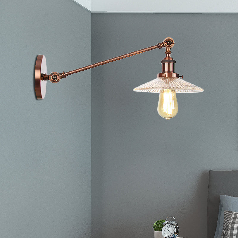 Sikunuo | Clear Ribbed Glass Bronze/Brass/Copper Wall Mounted Lamp Shade 1 Light Vintage Lighting Fixture, 8"/12" L Arm