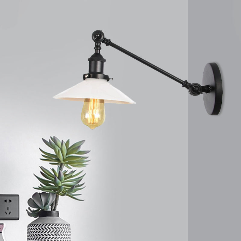 Sikunuo | Industrial Conical Wall Lamp 1 Light Opal Glass Wall Lamp in Black/Copper/Brass with Arm, 8"/12" L