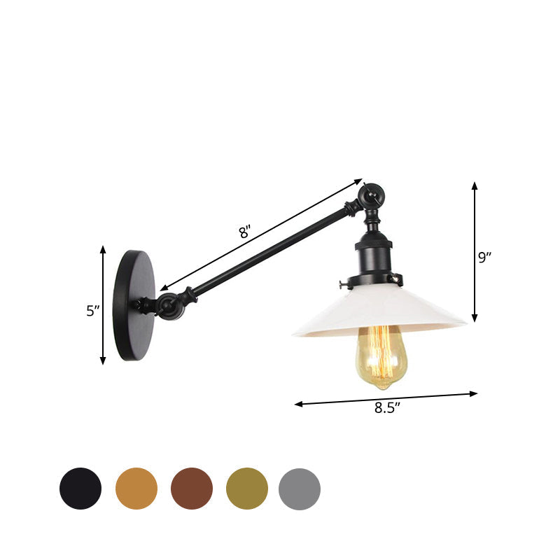 Sikunuo | Industrial Conical Wall Lamp 1 Light Opal Glass Wall Lamp in Black/Copper/Brass with Arm, 8"/12" L