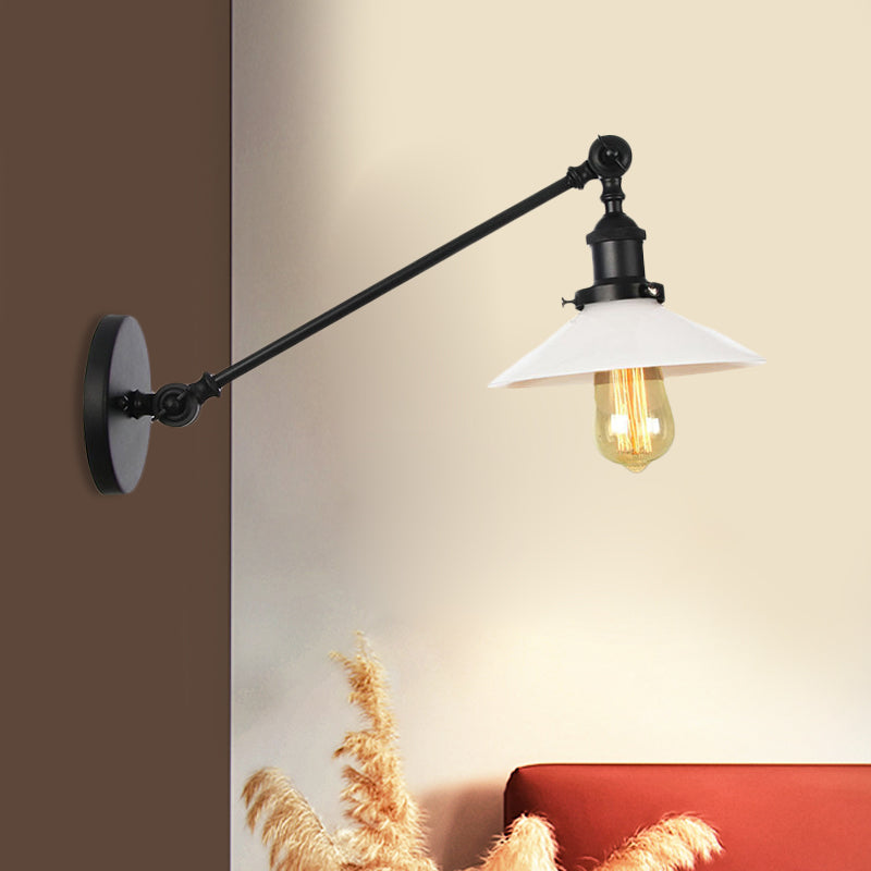 Sikunuo | Industrial Conical Wall Lamp 1 Light Opal Glass Wall Lamp in Black/Copper/Brass with Arm, 8"/12" L