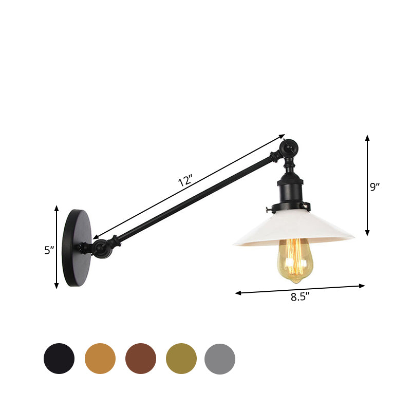 Sikunuo | Industrial Conical Wall Lamp 1 Light Opal Glass Wall Lamp in Black/Copper/Brass with Arm, 8"/12" L