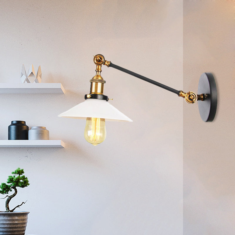 Sikunuo | Industrial Conical Wall Lamp 1 Light Opal Glass Wall Lamp in Black/Copper/Brass with Arm, 8"/12" L