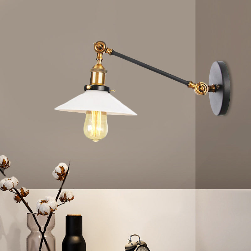 Sikunuo | Industrial Conical Wall Lamp 1 Light Opal Glass Wall Lamp in Black/Copper/Brass with Arm, 8"/12" L
