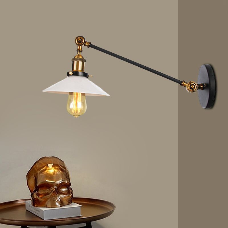 Sikunuo | Industrial Conical Wall Lamp 1 Light Opal Glass Wall Lamp in Black/Copper/Brass with Arm, 8"/12" L
