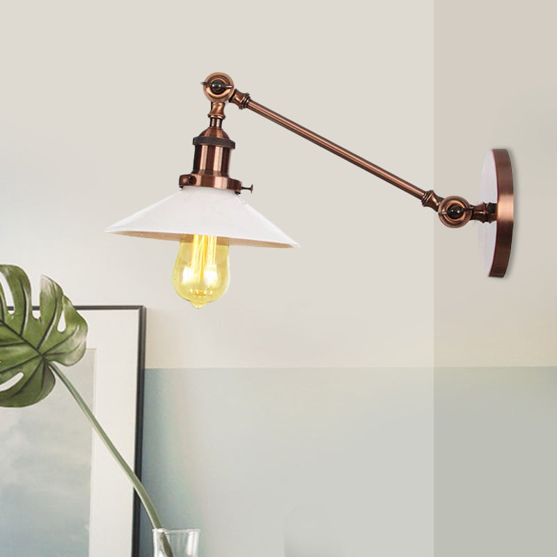 Sikunuo | Industrial Conical Wall Lamp 1 Light Opal Glass Wall Lamp in Black/Copper/Brass with Arm, 8"/12" L