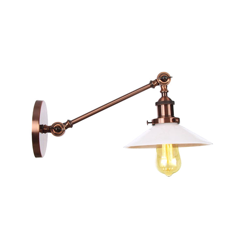 Sikunuo | Industrial Conical Wall Lamp 1 Light Opal Glass Wall Lamp in Black/Copper/Brass with Arm, 8"/12" L
