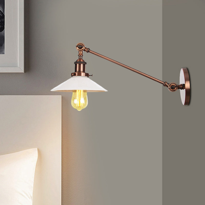 Sikunuo | Industrial Conical Wall Lamp 1 Light Opal Glass Wall Lamp in Black/Copper/Brass with Arm, 8"/12" L