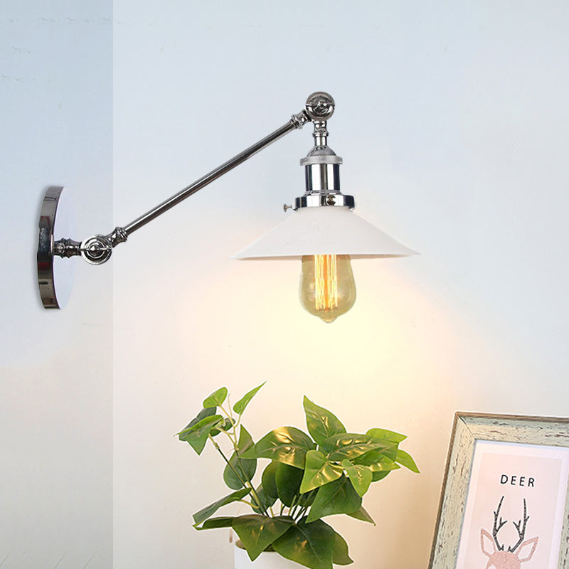 Sikunuo | Industrial Conical Wall Lamp 1 Light Opal Glass Wall Lamp in Black/Copper/Brass with Arm, 8"/12" L