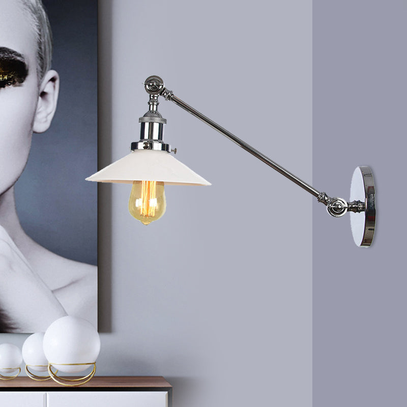 Sikunuo | Industrial Conical Wall Lamp 1 Light Opal Glass Wall Lamp in Black/Copper/Brass with Arm, 8"/12" L
