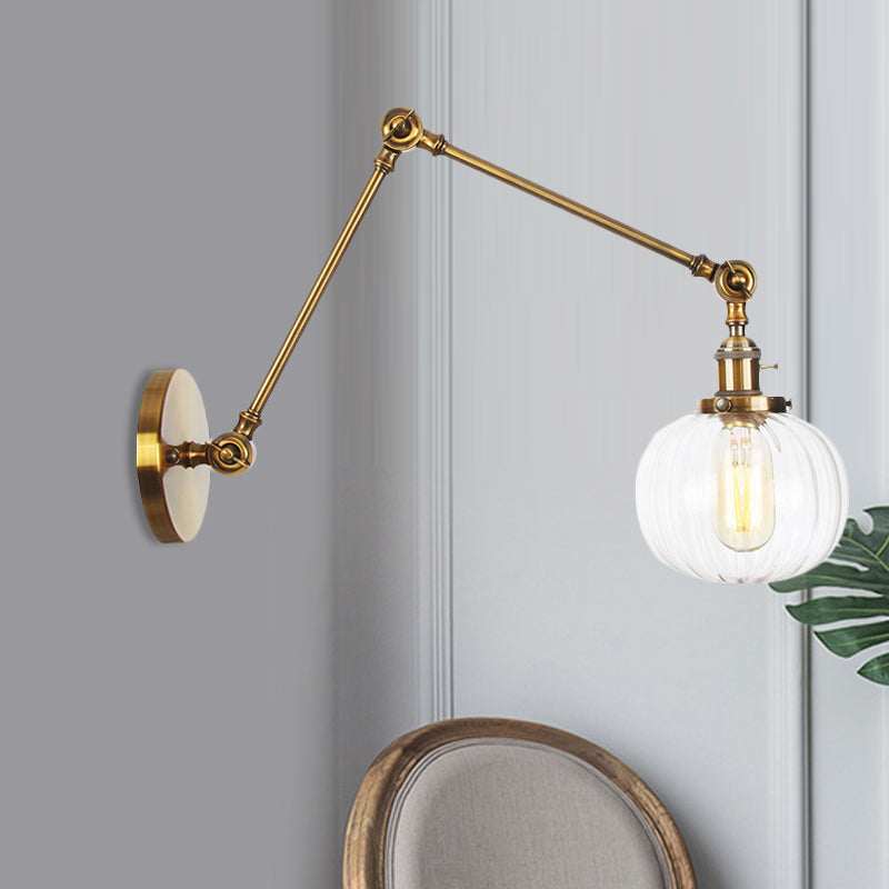 Sikunuo | Globe Clear/Amber Glass Wall Mounted Lighting Vintage 1 Light Indoor Sconces in Brass/Chrome/Black with Adjustable Arm, 8"+8"/8"+8"+8" L