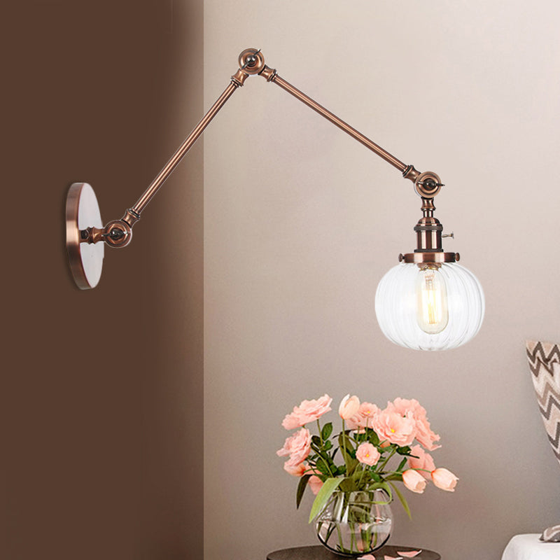 Sikunuo | Globe Clear/Amber Glass Wall Mounted Lighting Vintage 1 Light Indoor Sconces in Brass/Chrome/Black with Adjustable Arm, 8"+8"/8"+8"+8" L