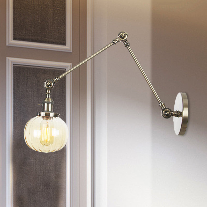 Sikunuo | Globe Clear/Amber Glass Wall Mounted Lighting Vintage 1 Light Indoor Sconces in Brass/Chrome/Black with Adjustable Arm, 8"+8"/8"+8"+8" L
