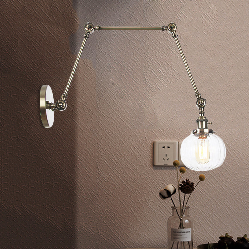 Sikunuo | Globe Clear/Amber Glass Wall Mounted Lighting Vintage 1 Light Indoor Sconces in Brass/Chrome/Black with Adjustable Arm, 8"+8"/8"+8"+8" L