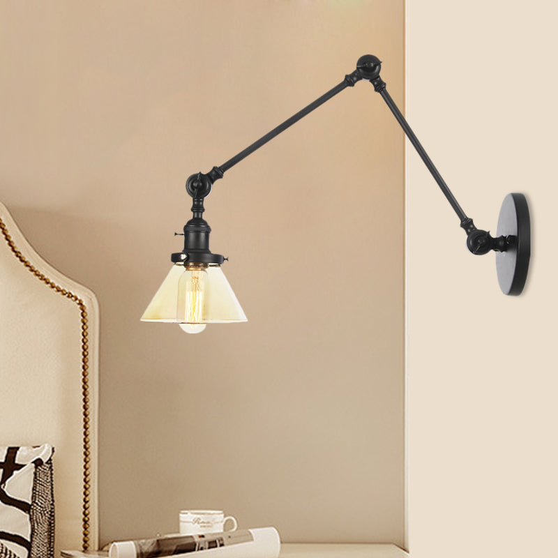 Sikunuo | 1 Light Wall Lamp Industrial Cone Clear/Amber Glass Wall Lamp in Black/Bronze/Brass with Adjustable Arm, 8“+8"/8"+8"+8" Long