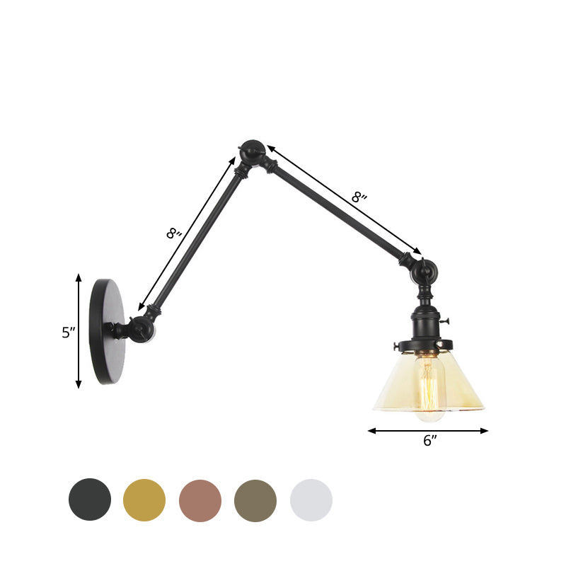 Sikunuo | 1 Light Wall Lamp Industrial Cone Clear/Amber Glass Wall Lamp in Black/Bronze/Brass with Adjustable Arm, 8“+8"/8"+8"+8" Long