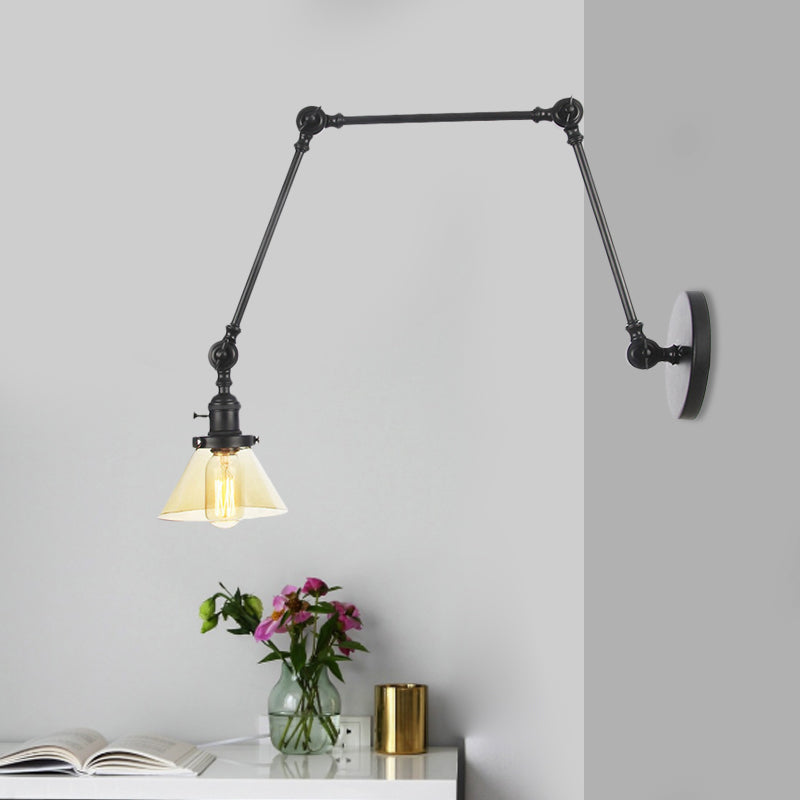 Sikunuo | 1 Light Wall Lamp Industrial Cone Clear/Amber Glass Wall Lamp in Black/Bronze/Brass with Adjustable Arm, 8“+8"/8"+8"+8" Long