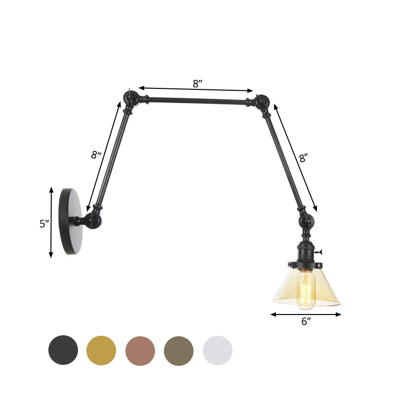 Sikunuo | 1 Light Wall Lamp Industrial Cone Clear/Amber Glass Wall Lamp in Black/Bronze/Brass with Adjustable Arm, 8“+8"/8"+8"+8" Long