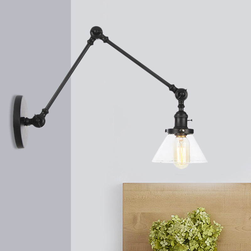 Sikunuo | 1 Light Wall Lamp Industrial Cone Clear/Amber Glass Wall Lamp in Black/Bronze/Brass with Adjustable Arm, 8“+8"/8"+8"+8" Long