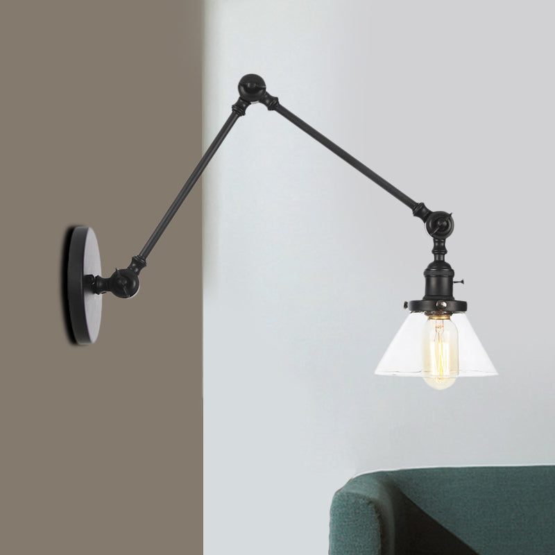 Sikunuo | 1 Light Wall Lamp Industrial Cone Clear/Amber Glass Wall Lamp in Black/Bronze/Brass with Adjustable Arm, 8“+8"/8"+8"+8" Long