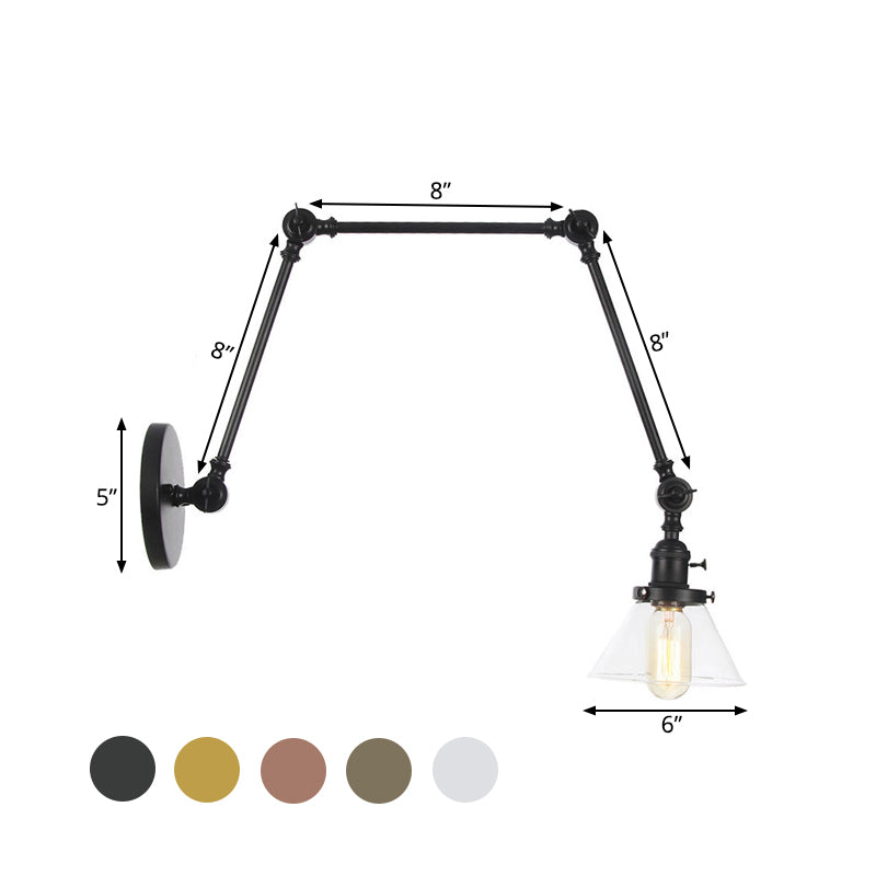 Sikunuo | 1 Light Wall Lamp Industrial Cone Clear/Amber Glass Wall Lamp in Black/Bronze/Brass with Adjustable Arm, 8“+8"/8"+8"+8" Long
