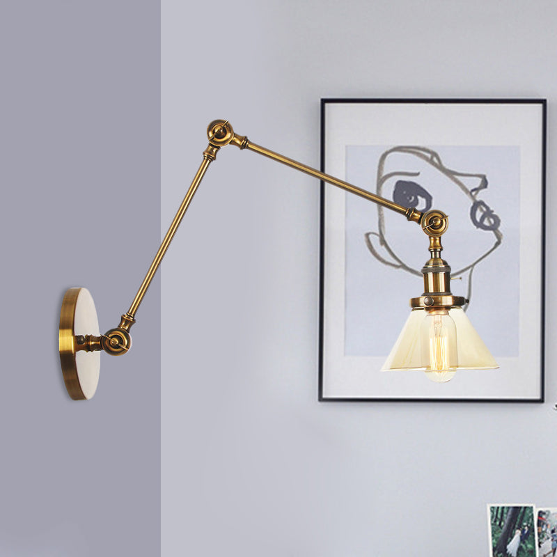 Sikunuo | 1 Light Wall Lamp Industrial Cone Clear/Amber Glass Wall Lamp in Black/Bronze/Brass with Adjustable Arm, 8“+8"/8"+8"+8" Long