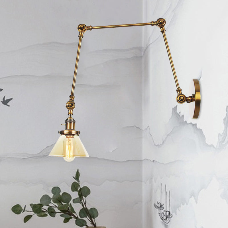 Sikunuo | 1 Light Wall Lamp Industrial Cone Clear/Amber Glass Wall Lamp in Black/Bronze/Brass with Adjustable Arm, 8“+8"/8"+8"+8" Long