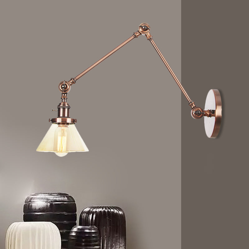 Sikunuo | 1 Light Wall Lamp Industrial Cone Clear/Amber Glass Wall Lamp in Black/Bronze/Brass with Adjustable Arm, 8“+8"/8"+8"+8" Long
