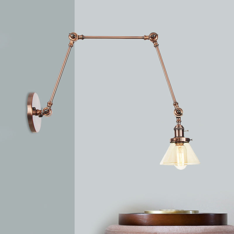 Sikunuo | 1 Light Wall Lamp Industrial Cone Clear/Amber Glass Wall Lamp in Black/Bronze/Brass with Adjustable Arm, 8“+8"/8"+8"+8" Long