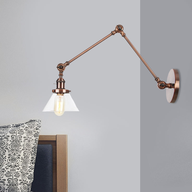 Sikunuo | 1 Light Wall Lamp Industrial Cone Clear/Amber Glass Wall Lamp in Black/Bronze/Brass with Adjustable Arm, 8“+8"/8"+8"+8" Long